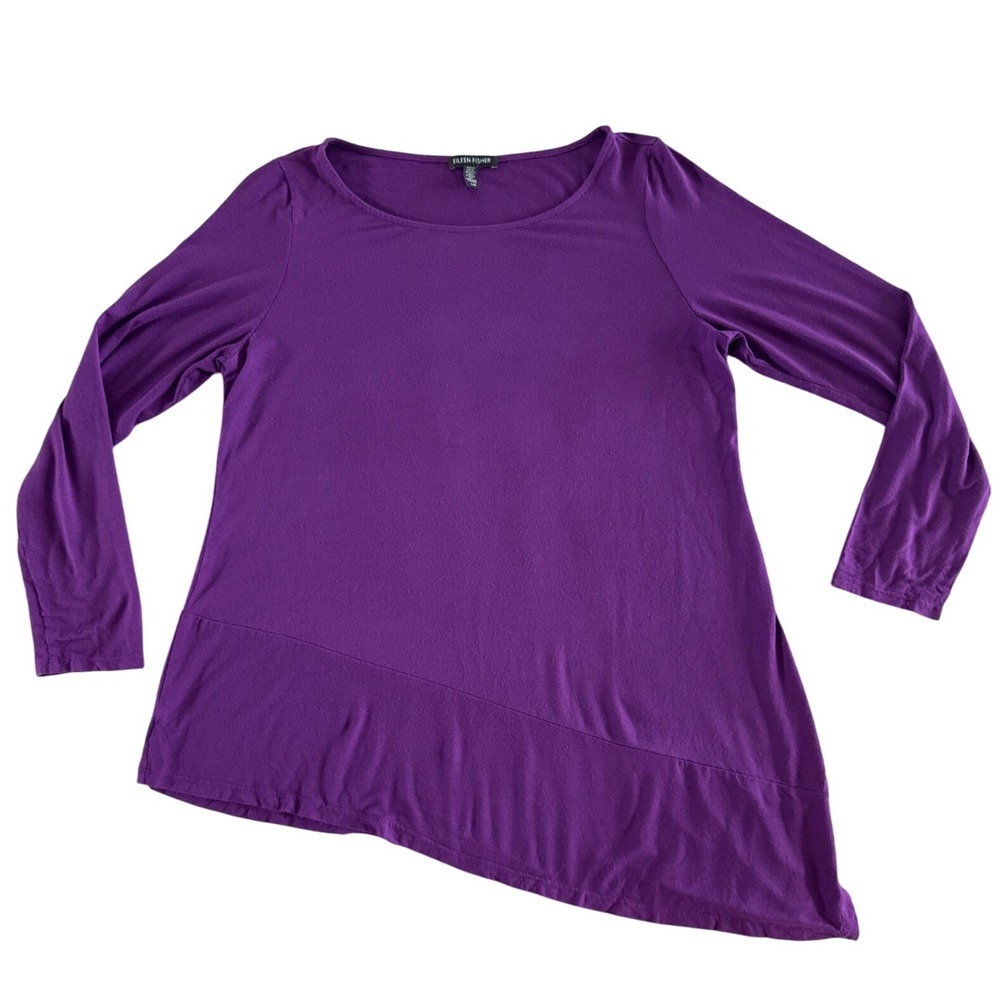 Eileen Fisher Asymmetric Long Sleeve Jersey Top Purple‎ Tee Shirt L Blouse Tunic